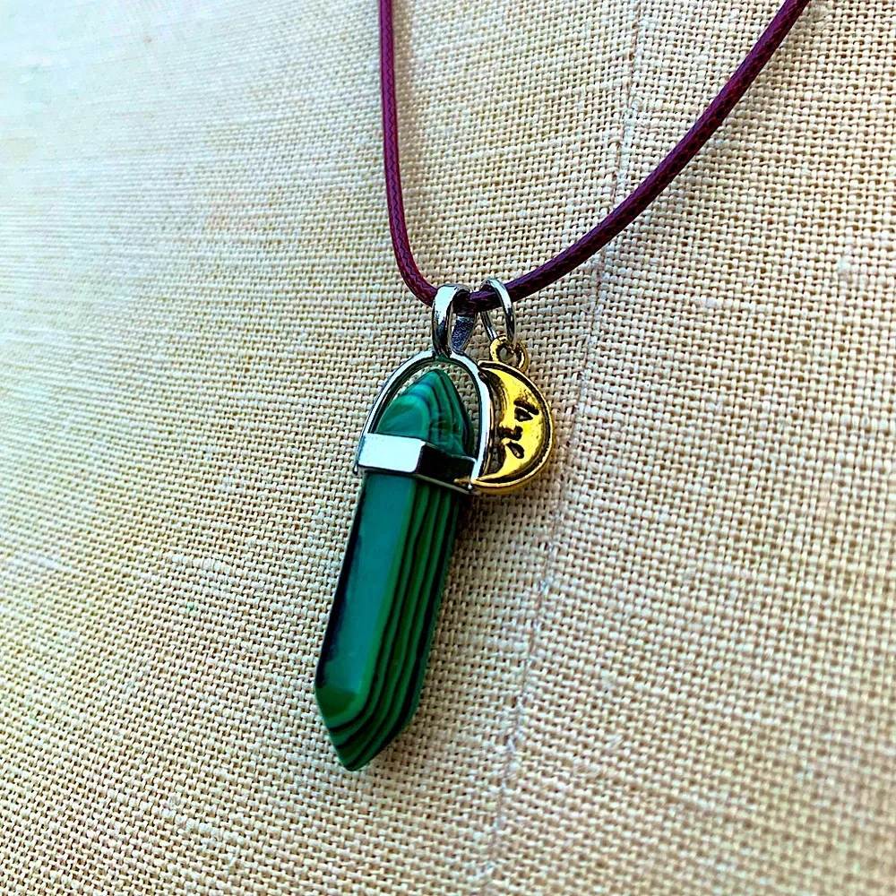 Handmade Malachite Dagger Tower Amulet with Moon Charm